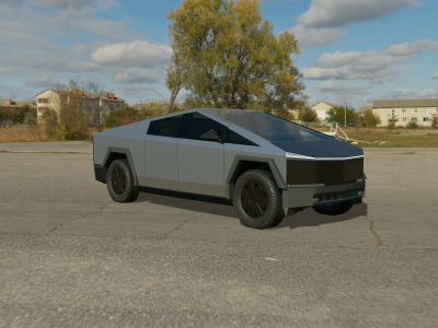 A 3D Cybertruck in bare stainless with a 3M 2080 Satin Black hood and front fascia, gloss black mirror caps and satin black aero wheel covers