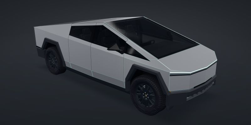 A 3D Cybertruck in bare stainless with the Track pack PPF coverage outlined: full hood and front fenders, front fascia, light bar, mirror caps, A-pillars and rockers