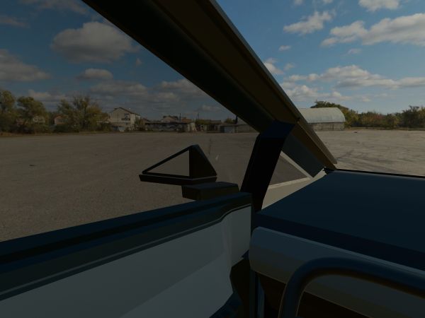 The view from a 3D Cybertruck’s driver’s seat in daylight, looking out through 20% tint on the front door window and 70% film on the windshield