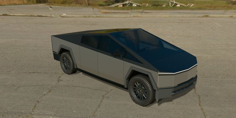 A 3D Cybertruck with an upper blackout: 3M 2080 Satin Black above the beltline over bare stainless, in daylight