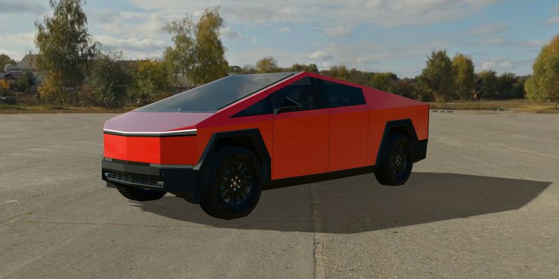A 3D Cybertruck wrapped in 3M 2080 Gloss Hot Rod Red (2080-G13), front three-quarter view from the driver’s side, in daylight