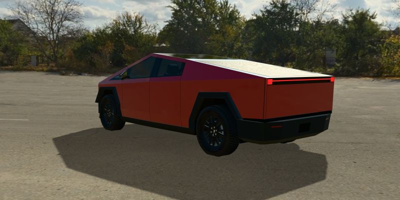 A 3D Cybertruck wrapped in 3M Protection Wrap Film Gloss Crimson Red (PWF-GP233), rear three-quarter view from the driver’s side, in daylight
