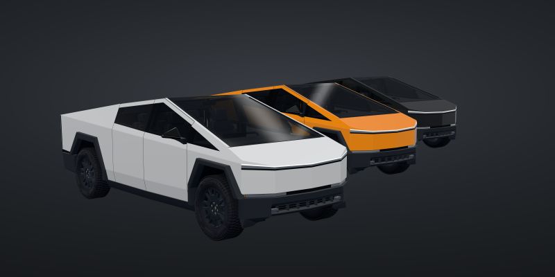 Three 3D Cybertrucks in 3M 2080 Satin Black, 3M 2080 Gloss Bright Orange and 3M 2080 Satin White, in a studio