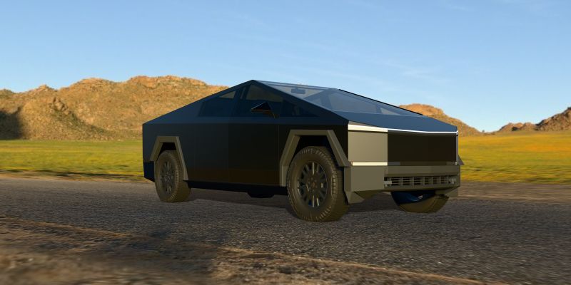 A 3D Cybertruck wrapped in 3M 2080 Satin Black (2080-S12), low front three-quarter view, at sunset