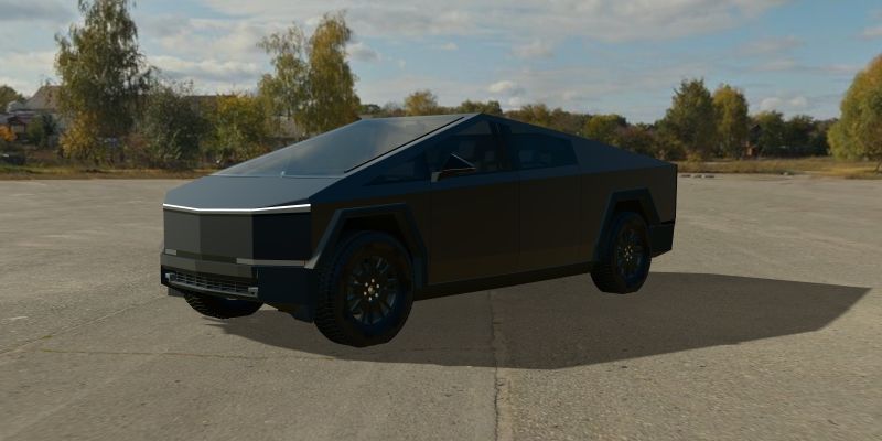 A 3D Cybertruck wrapped in XPEL COLOR PPF Satin Abyss Blue, front three-quarter view from the driver’s side, in daylight