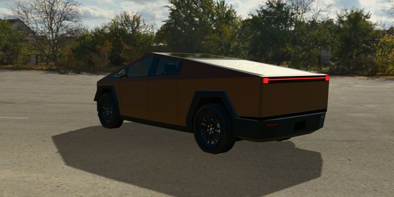 A 3D Cybertruck wrapped in 3M 2080 Matte Brown Metallic (2080-M209), rear three-quarter view from the driver’s side, in daylight