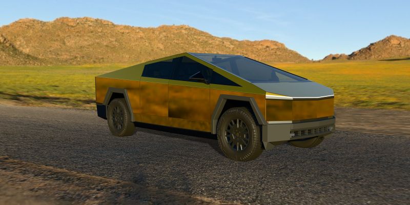 A 3D Cybertruck wrapped in Avery Dennison SF100 Conform Chrome Gold (SF100-604-S), front three-quarter view, at sunset
