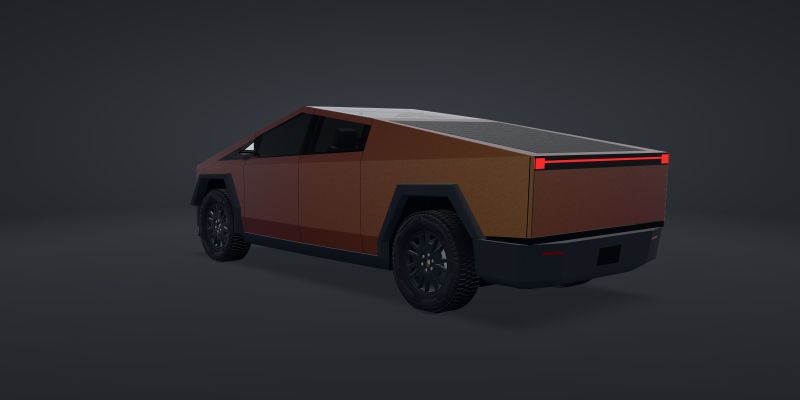 A 3D Cybertruck wrapped in 3M 2080 Satin Flip Volcanic Flare (2080-SP236), rear three-quarter view from the driver’s side, in a studio