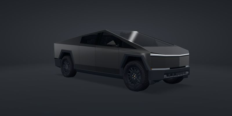 A 3D Cybertruck wrapped in STEK DYNO PPF DYNOblack-gloss, front three-quarter view, in a studio