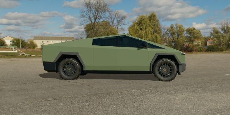 A 3D Cybertruck wrapped in 3M 2080 Matte Military Green (2080-M26), side view, in daylight