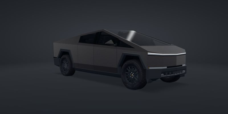 A 3D Cybertruck wrapped in 3M 2080 Satin Dark Gray (2080-S261), front three-quarter view, in a studio