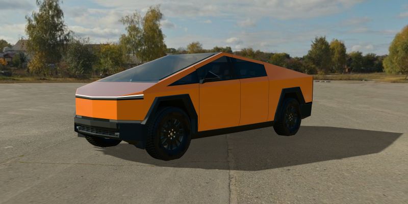 A 3D Cybertruck wrapped in HEXIS SKINTAC Urban Orange Gloss (HX20495B), front three-quarter view from the driver’s side, in daylight