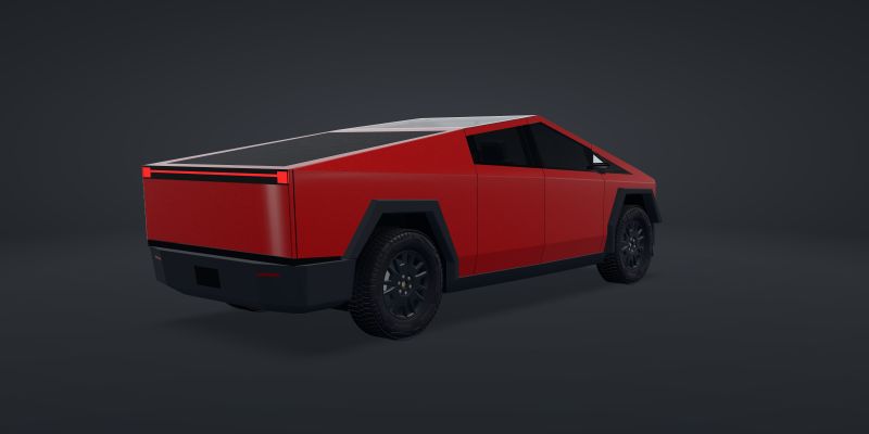 A 3D Cybertruck wrapped in KPMF VWS IV Vengeance Red Gloss (K75403), rear three-quarter view, in a studio