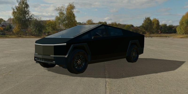 A 3D Cybertruck wrapped in 3M 2080 Matte Black (2080-M12), front three-quarter view from the driver’s side, in daylight