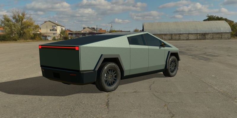 A 3D Cybertruck wrapped in 3M 2080 Matte Pine Green Metallic (2080-M206), rear three-quarter view, in daylight