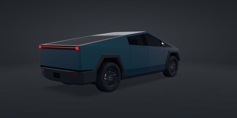 A 3D Cybertruck wrapped in Avery Dennison SW900 ColorFlow Satin Frozen Ocean (SW900-788-S), rear three-quarter view, in a studio