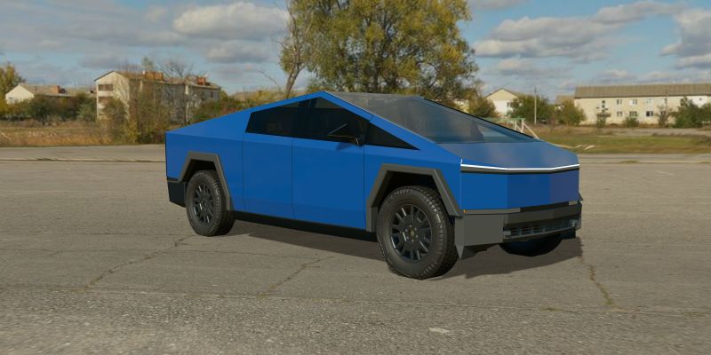 A 3D Cybertruck wrapped in ORACAL 970RA Blue (067), front three-quarter view, in daylight