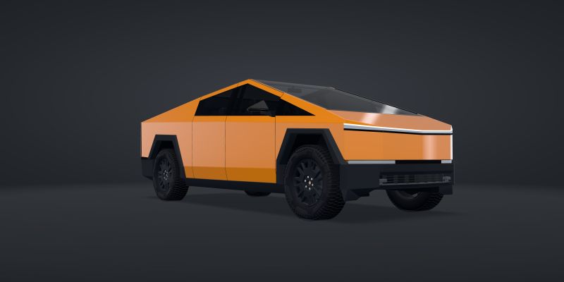A 3D Cybertruck wrapped in 3M 2080 Gloss Bright Orange (2080-G54), low front three-quarter view, in a studio