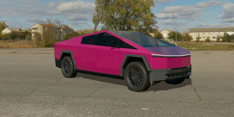 A 3D Cybertruck wrapped in 3M 2080 Gloss Fierce Fuchsia (2080-G348), front three-quarter view, in daylight