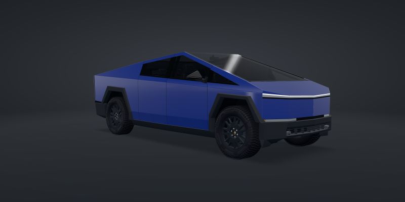 A 3D Cybertruck wrapped in Avery Dennison PrismaPro Gloss Dark Blue (PrismaPro-681-O), front three-quarter view, in a studio
