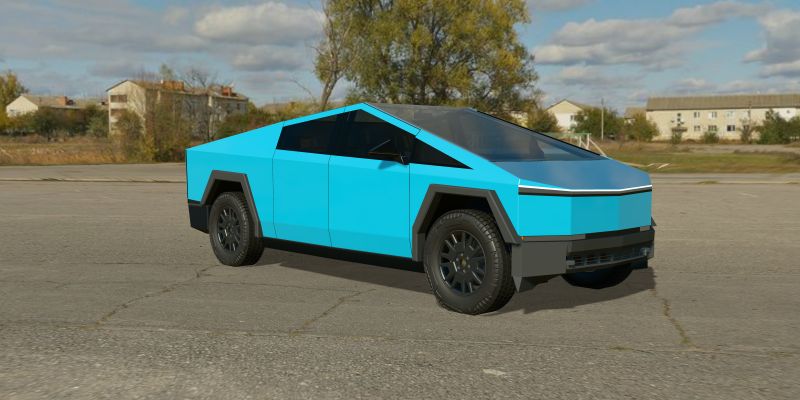 A 3D Cybertruck wrapped in PURE PPF Miami Blue, front three-quarter view, in daylight