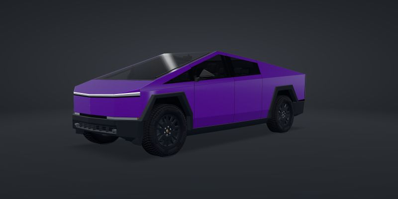 A 3D Cybertruck wrapped in 3M 2080 High Gloss Plum Explosion 2.0 (2080-HGP258), front three-quarter view from the driver’s side, in a studio