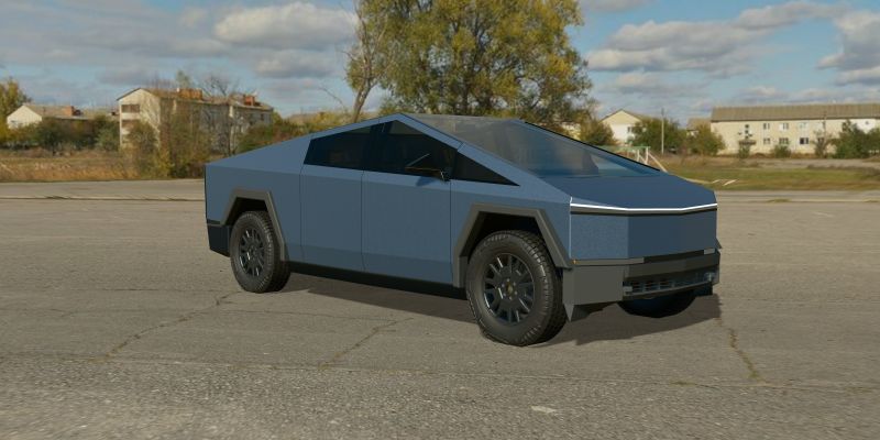 A 3D Cybertruck wrapped in 3M 2080 Satin Thundercloud (2080-S271), front three-quarter view, in daylight