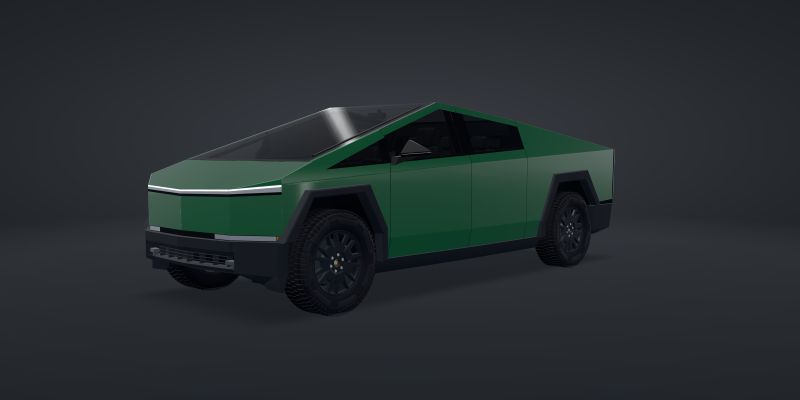 A 3D Cybertruck wrapped in STEK DYNO PPF DYNOgreen (BRG), front three-quarter view from the driver’s side, in a studio