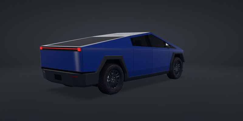A 3D Cybertruck wrapped in TeckWrap Deep Gloss Sapphire Blue (CPX501), rear three-quarter view, in a studio