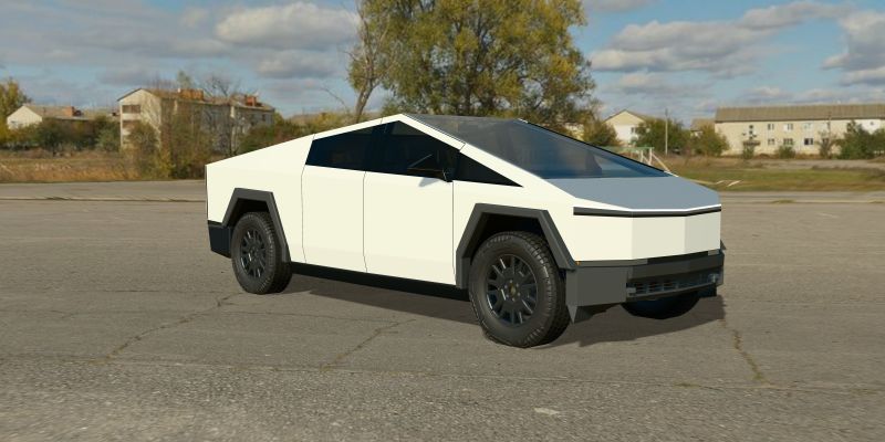 A 3D Cybertruck wrapped in 3M 2080 Satin White (2080-S10), front three-quarter view, in daylight