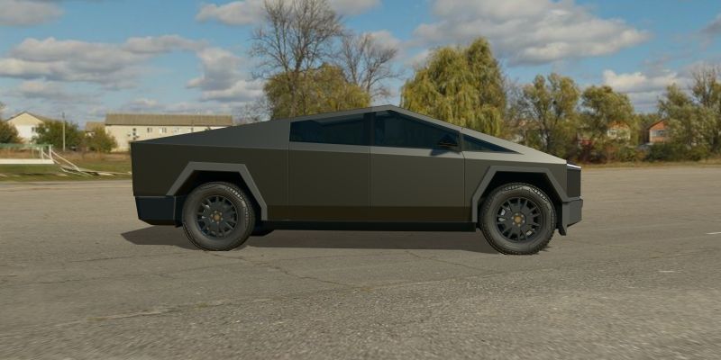A 3D Cybertruck wrapped in XPEL COLOR PPF Satin Midnight Black, side view, in daylight