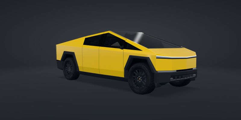 A 3D Cybertruck wrapped in 3M 2080 Gloss Sunflower (2080-G25), front three-quarter view, in a studio