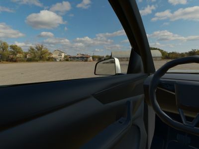 The view from a 3D Tesla Model Y’s driver’s seat in daylight, looking out through side windows with no film