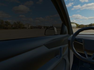 The view from a 3D Tesla Model Y’s driver’s seat in daylight, looking out through 5% film on the side windows
