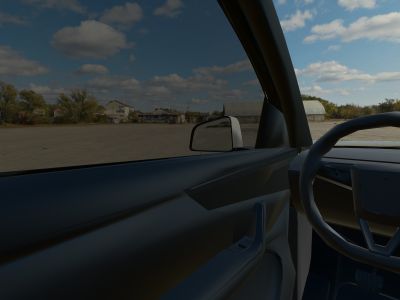 The view from a 3D Tesla Model Y’s driver’s seat in daylight, looking out through 20% film on the side windows