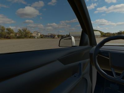 The view from a 3D Tesla Model Y’s driver’s seat in daylight, looking out through 50% film on the side windows