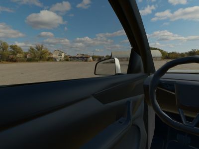 The view from a 3D Tesla Model Y’s driver’s seat in daylight, looking out through 70% film on the side windows