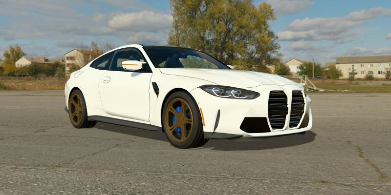 A 3D BMW M4 in daylight on unbranded split five-spoke wheels in bronze, 19 in. front and 20 in. rear