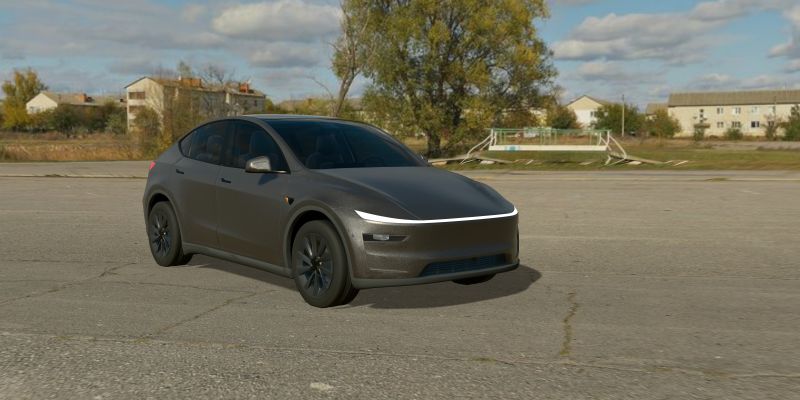 A 3D Tesla Model Y in daylight wrapped in 3M 2080 Satin Dark Gray