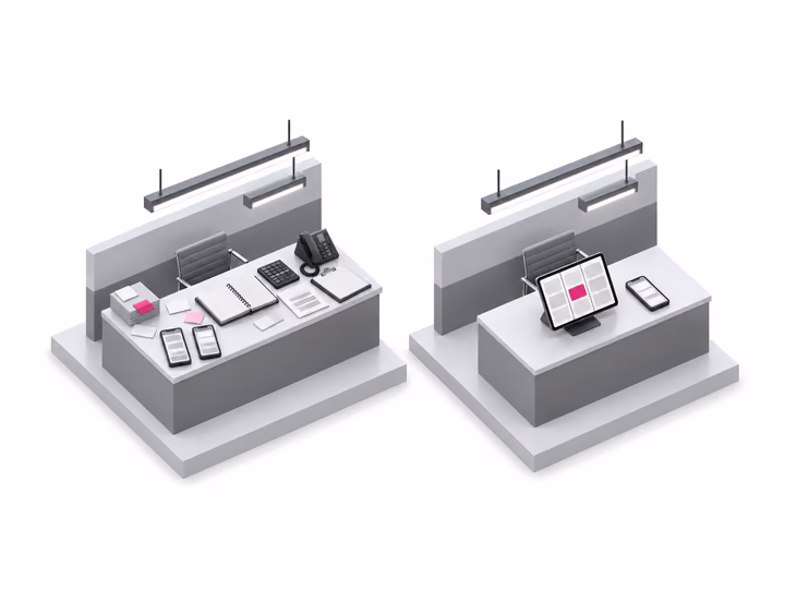 Before: sticky notes, a paper book and phones all over the counter. After: one tablet with every job on one board.