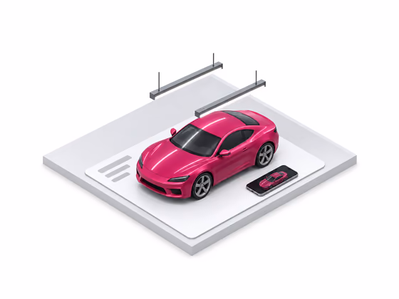 A car in pink wrap film parked on a lead card, the way a visualizer request arrives.