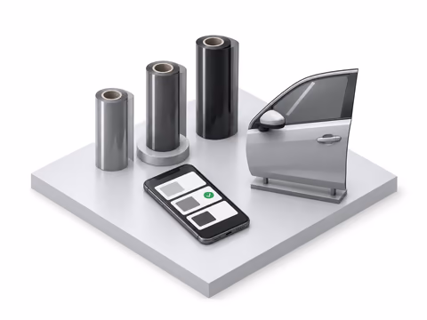 Three rolls of tint film from light to dark beside a phone where the middle option is approved.