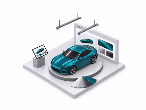 A teal car on a turntable in front of a browser window, with a fan of film samples and the teal one pulled out.